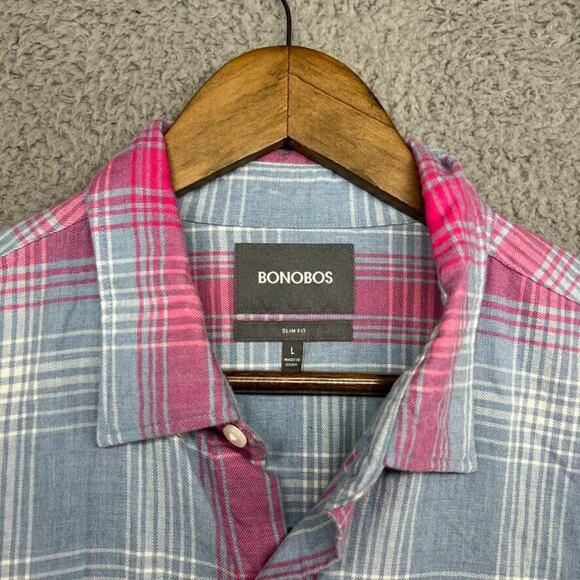 Bonobos Shirt Men's Large Pink Blue Plaid Check Slim Fit Flannel Collared Pocket - Picture 3 of 10